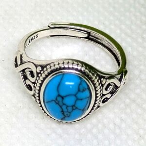 New Silvertone Ring Faux Turquoise Cabochon Adjustable Size Filigree Heart